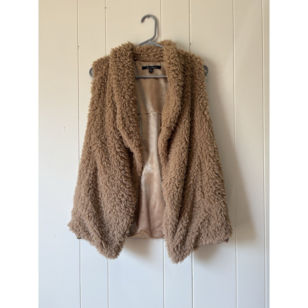 Anne French Camel Teddy Faux Fur Open Front Vest Women's Size Small Cozy Sherpa